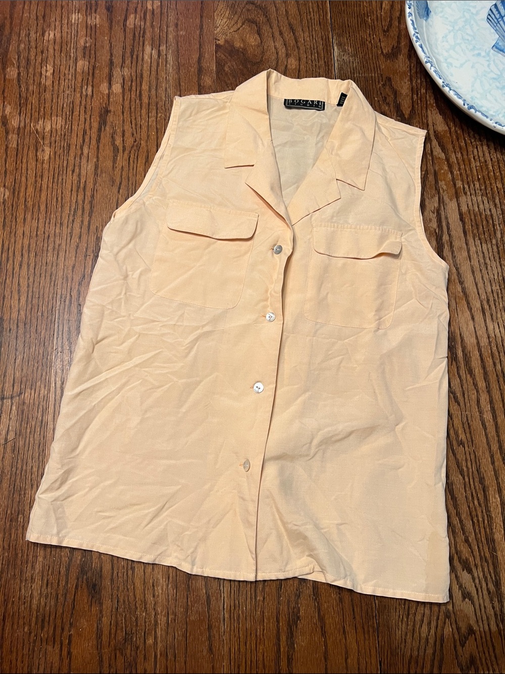 Vintage Silk Bogari  Sleeveless Button-Down Shirt in pale peach